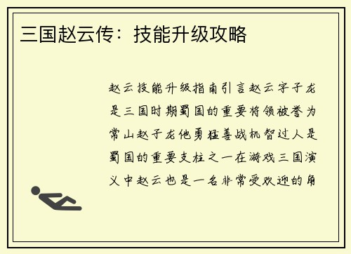 三国赵云传：技能升级攻略