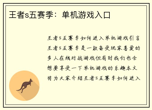 王者s五赛季：单机游戏入口