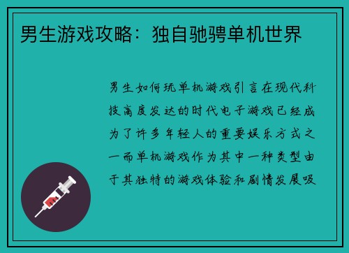 男生游戏攻略：独自驰骋单机世界