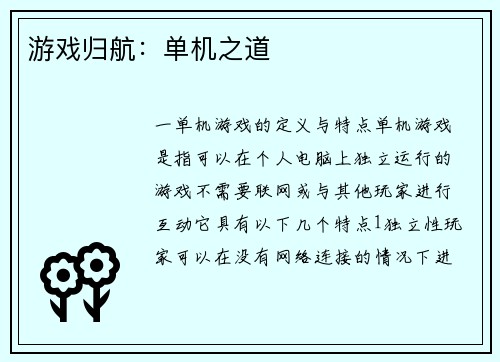 游戏归航：单机之道